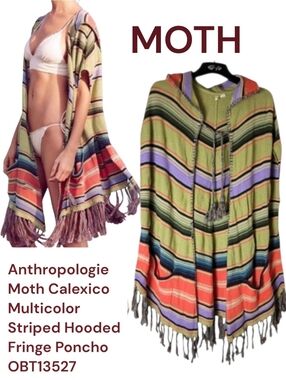 Anthropologie Moth Women's Calexico Multicolor Striped Hooded Fringe Poncho XS S